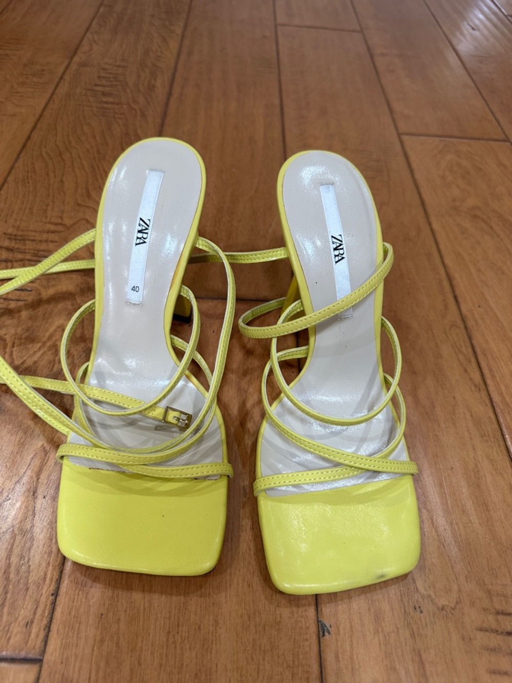 ZARA Neon Yellow Strappy Square-Toe Heels